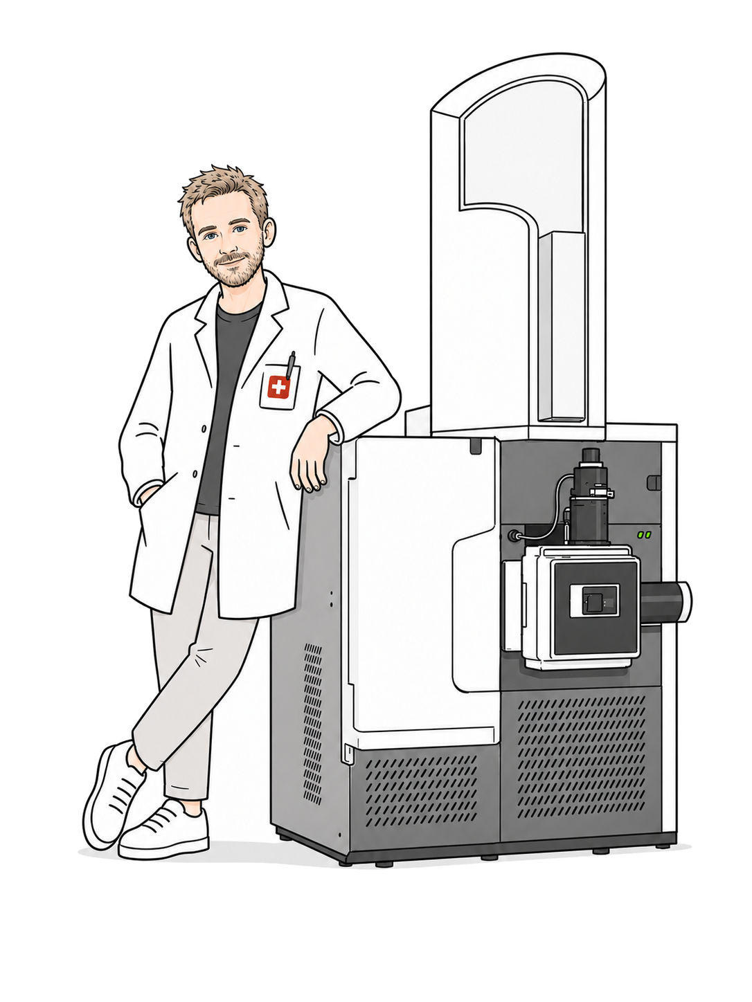 Illustration of a scientist leaning on a mass spectrometer
